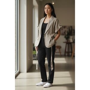 Mossimo Womens Linen Blend Blazer‎ Jacket Taupe Short Sleeve Tie Waist Size M